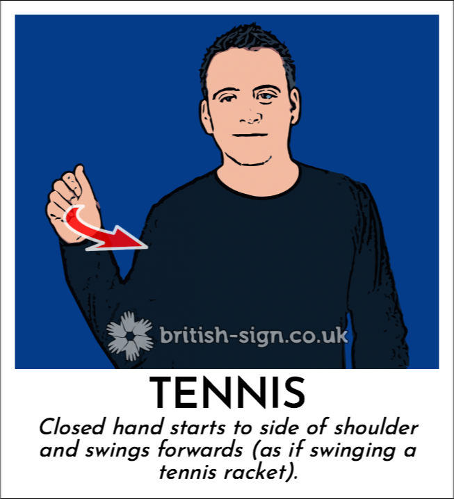 Tennis: Closed hand starts to side of shoulder and swings forwards (as if swinging a tennis racket).